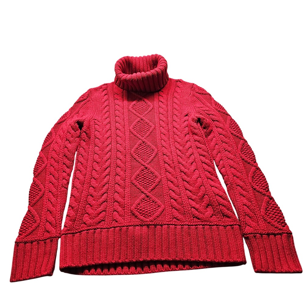 Gap Merino Wool Blend Cable Knit Turtleneck Sweater Womens M Red Chunky Pullover